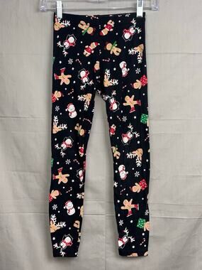 Girls Holiday Time Black Leggings with Holiday Animals, Size M (7/8)
